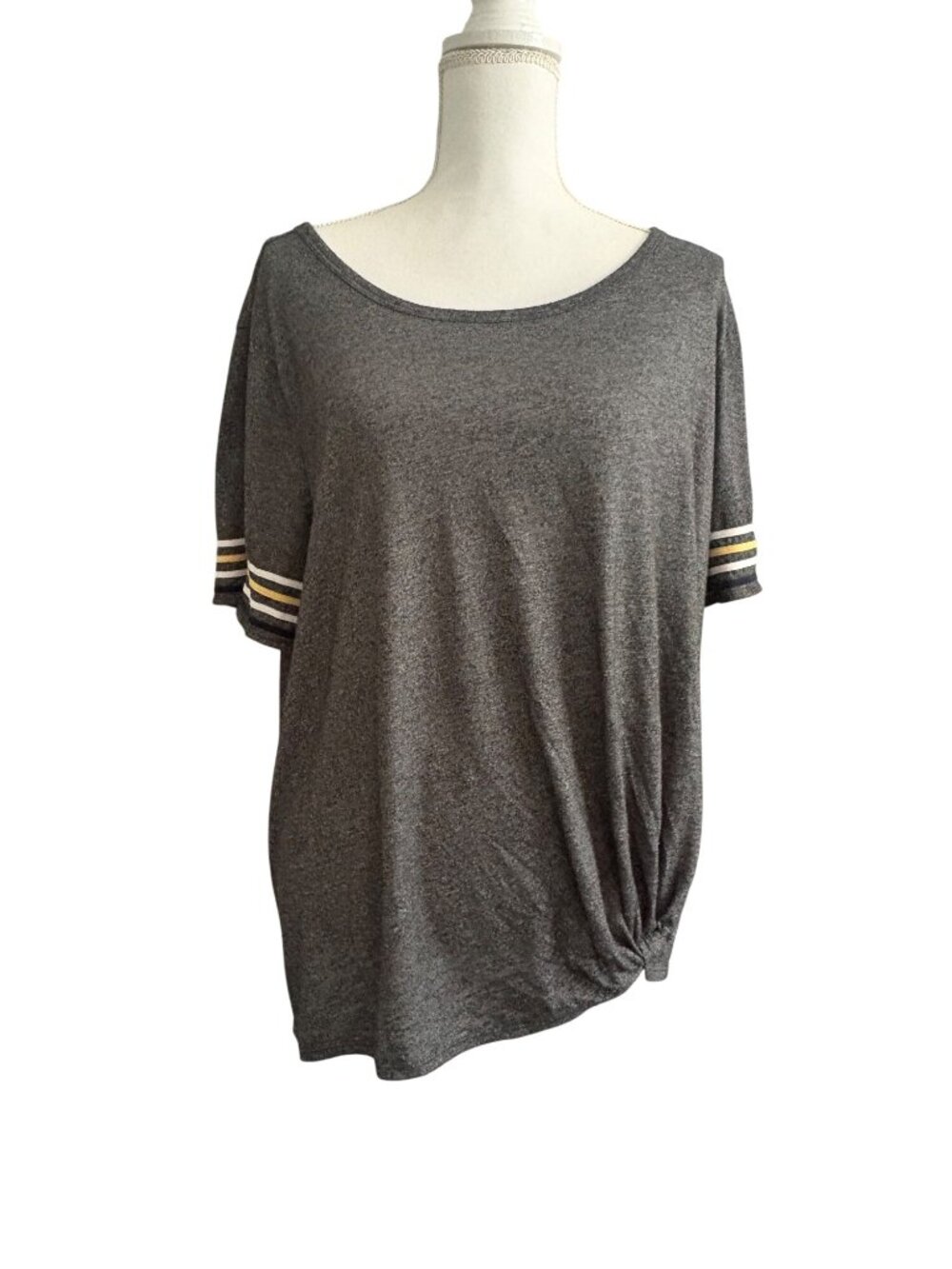 Maurices 24/7 Women's Plus Size 2X Charcoal Gray Stripe Sleeve Twist Hem Top